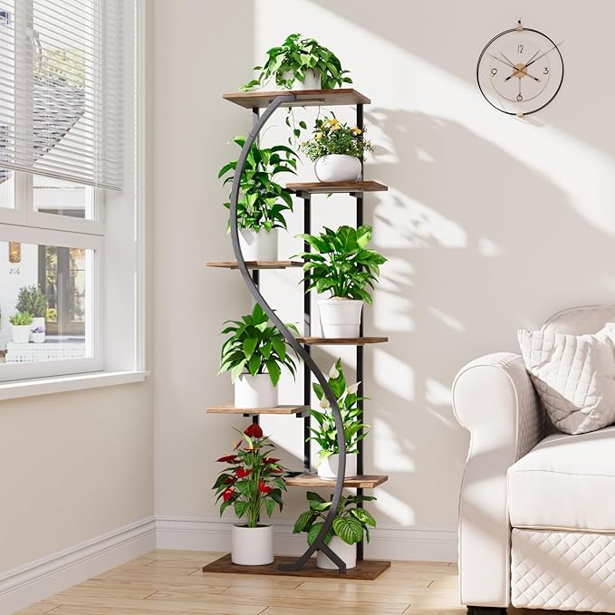 MJOMKN 59" Tall Plant Stand with Grow Light Indoor, 7 Tiered Metal Plant Shelf, S-Shaped Flower Display Stand, Corner Storage Shelf for Living Room, Patio, Balcony Decor