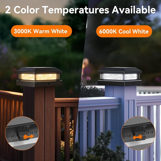 Solar Post Cap Lights Outdoor 16 Packs for 4x4 5x5 Vinyl/Wooden Posts, Waterproof Solar Powered Fence Cap Light with Warm/Cool Lighting, Black 16LEDs Deck Caps Lights for Yard, Garden, Patio