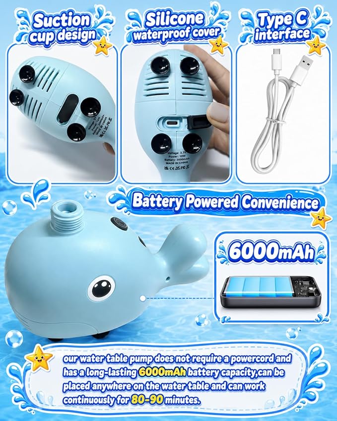 Rechargeable Water Table Pump with Huge Water Output,Water flow rate up to 8L/min (2.11 GPM),Kids Sand Water Play Pump,Whale-Shaped Design,Suitable for Most Water Table on the Market
