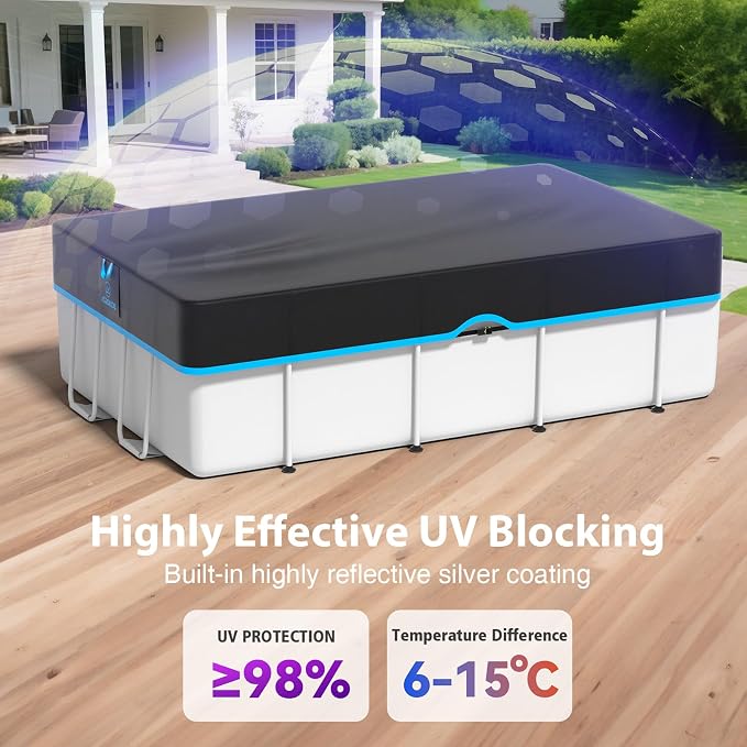 12x24 Ft Rectangle Pool Cover, Heavy Duty Winter Pool Cover Protector for Above Ground Pool, Fast Tightening Ratchet & Sturdy Nylon Black Strap, 420D Oxford Fabric for All Season Use