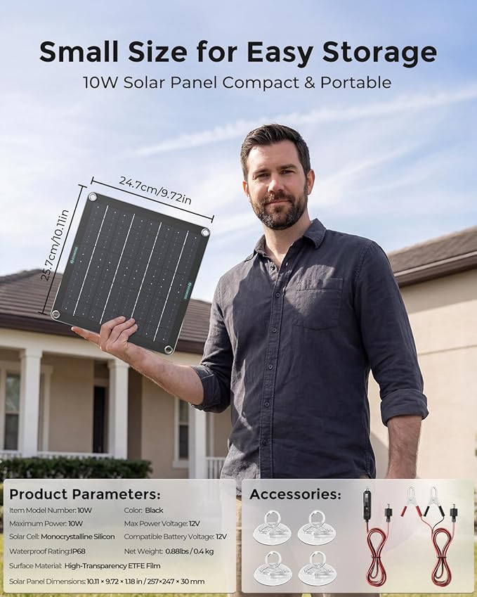 10W Solar Battery Charger Maintainer 12V Waterproof, Smart Solar Trickle Charger with Indicator Lights, No Overcharge & Reverse Protection, for Car Truck Boat RV Motorcycle Battery Storage