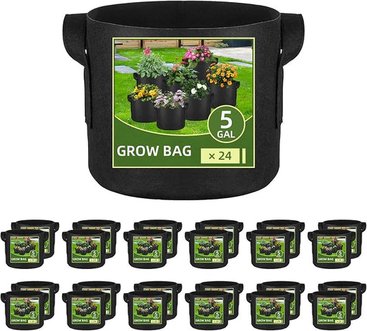 24 Pack 5 Gallon Grow Bags, Heavy Duty Thickened Aeration Fabric Pots with Handles for Vegetable/Flower/Plant