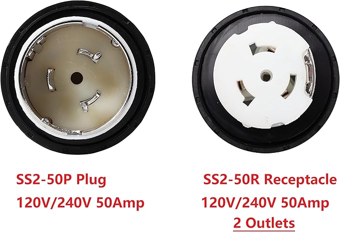 ONETAK NEMA SS2-50P to 2 Outlet SS2-50R Y Splitter STW 6 AWG 3 Feet 120V/240V 50 Amp Marine Shore Twist Lock Male Plug to Female Outlet Receptacle Generator Welder Dryer RV