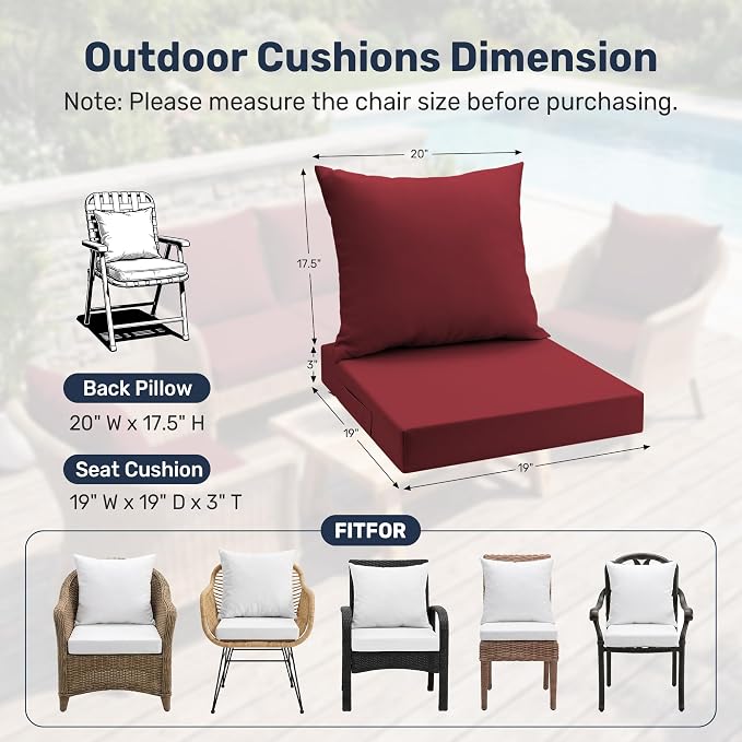 UNIKOME Outdoor Seat Cushions 19 X 19 Inch - Water-Resistant & Fade Resistant, Removable Cover Patio Furniture Cushions for Chair, Sofa, Couch, Wicker, Wine Red