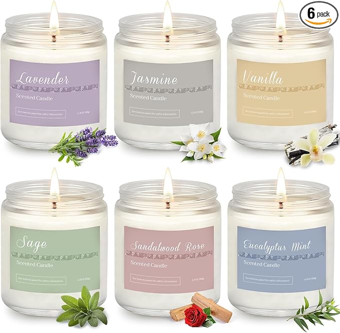 Scented Candles Gift Set, Long Lasting 6 Pack Aromatherapy Candles for Home, 42 oz 300 Hour Burn, Lavender Jasmine Vanilla Sage Sandalwood Rose Eucalyptus Mint, Gifts for Women