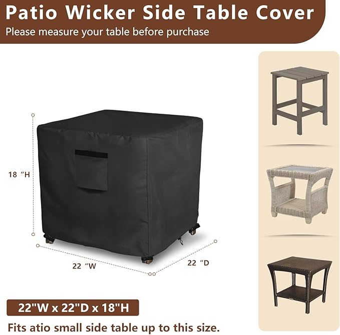 Waterproof Patio Small Side Table Cover,Square Outdoor Ottoman Covers,Heavy Duty 600D Patio Wicker Side Table Cover,Fits Square PatioTable, All-Weather Furniture Protection.22"W x 22"D x 18"H.Black