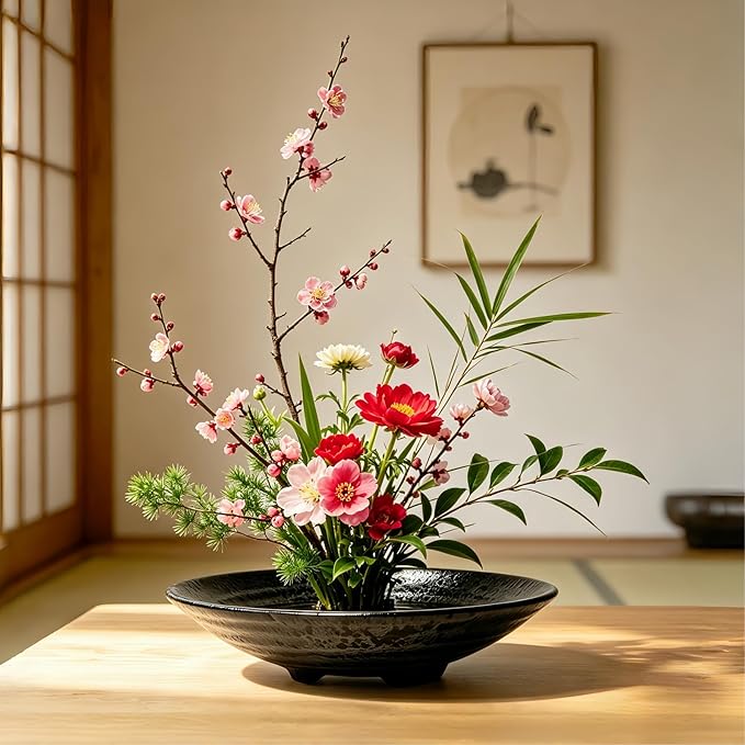 6.7inch Japanese Ikebana Vase Kit Floral Frog Bowl Flower Container with Kenzan - 1.57inch Black Flower Frog, 6.7inch Bowl Vase