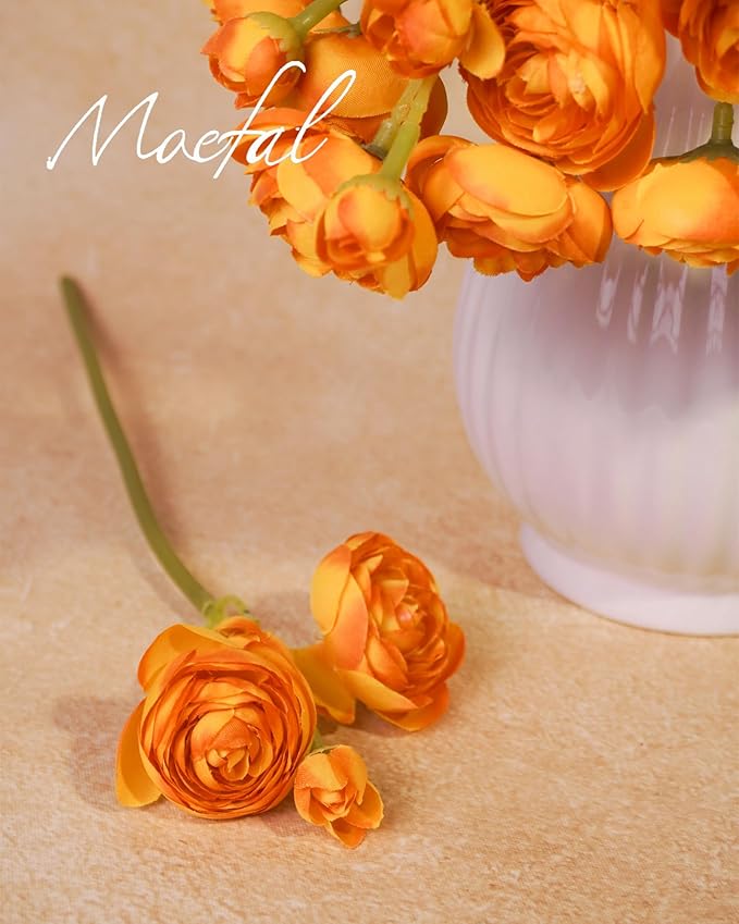 Ranunculus Artificial Flowers 18pcs, Faux Silk Mini Ranunculus Bulk Fake Wedding Filler Flowers for DIY Bouquets Centerpieces Bridal Shower Decorations Arrangements, Citrus Orange