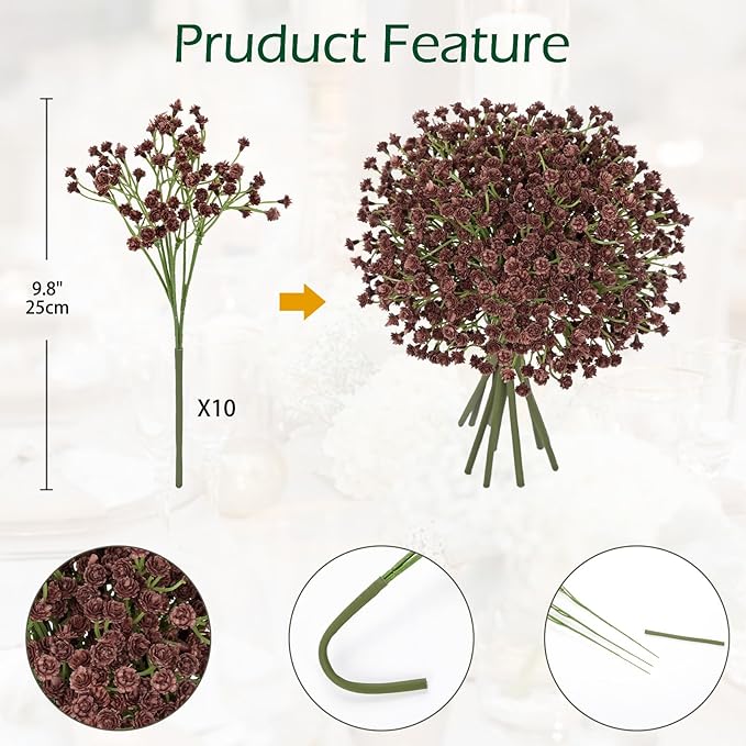 DILATATA Baby's Breath Artificial Flowers Bulk 10 Pack (30pcs) Faux Baby Breath Plastic Flower Fake Gypsophila Flower Arrangement for Crafts Fake Flowers Bouquet for Wedding Centerpieces Beige Brown