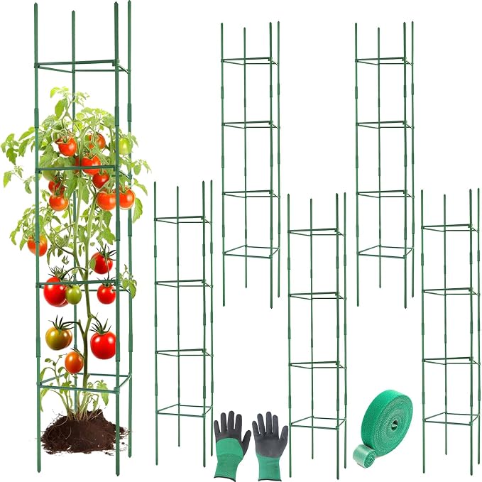 6Pack 12" Width Up to 63" Height Adjustable Square Tomato Cages for Garden, Plant Support Stakes for Climbing Vegetable, Tomatoe, Flower, with Twist Ties Snap-On Stake Arms
