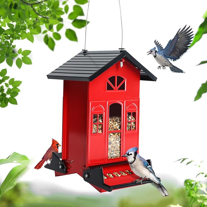 Birdkiss Bird Feeder Squirrel-Proof Outside: Country House Series for Hanging - Metal - 5LBs Seed - Weight-Activated for Outdoors - Large Capacity and Red