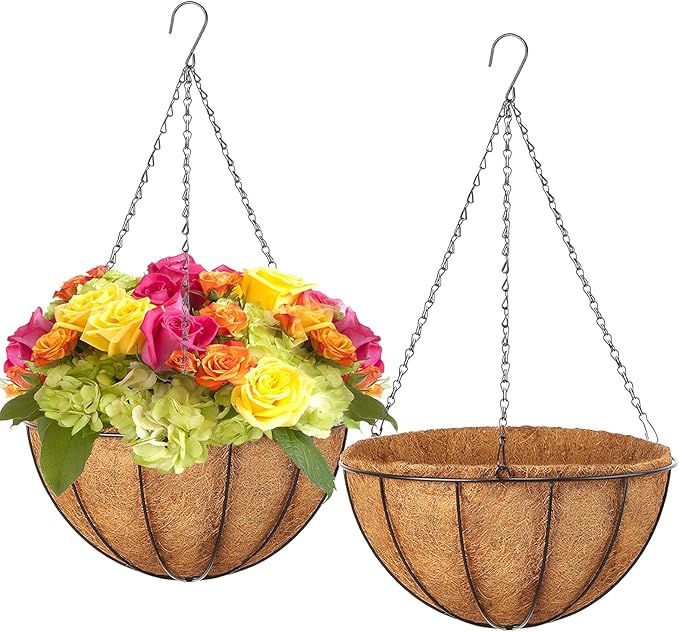 LCHUANG Hanging Baskets Planter for Plants - 2 Pack 10 Inch Metal Baskets with Coco Coir Liner, Hanging Flower Pots for Outside with Chain, Indoor Outdoor Garden Porch Decoration (10'' Pack of 2)