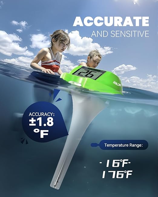 BALDR Pool Thermometer Floating Easy Read, Solar Digital Pool Thermometer with Dual Large Screens, IPX7 Water Temperature Gauge for Inground Above Ground Pools & Spas (Green)