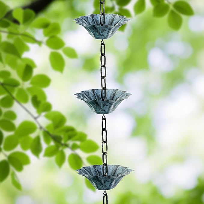 Rifachua 12 Cups Lotus Rain Chain for Gutters Downspouts Outside 8.5ft, Blue Plated Lotus Rain Chain Cups, Functional and Decorative Replacement for Gutter Downspouts