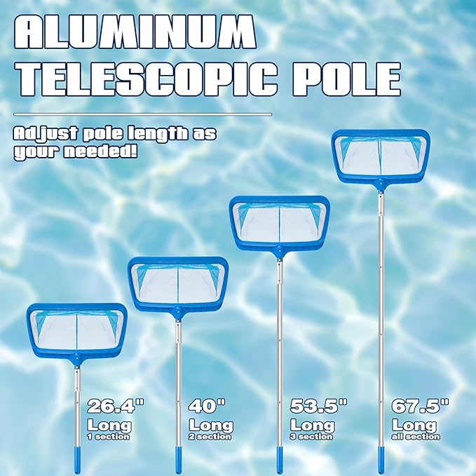 Pool Skimmer - Pool Net with Pole, 4 Section, 26.4"-66.5" Thick Adjustable Telescopic Pole & Fine Mesh Pool Skimmer Net,Larger Capacity Pool Nets for Cleaning, Durable Deep Rake Pool Net Skimmer