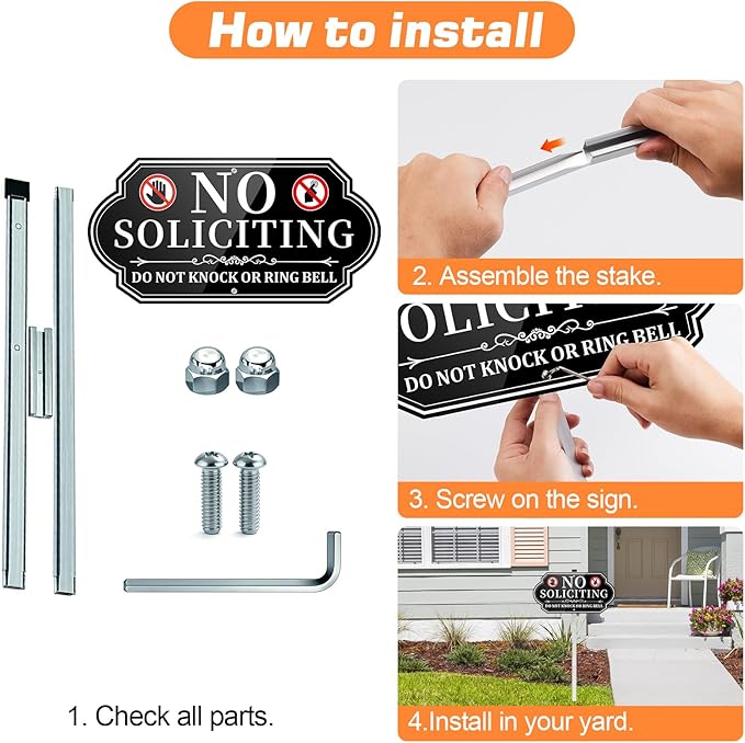 No Soliciting Sign for House, No Soliciting Yard Sign for Front Door Home, Aluminum Metal No Solicitation Sign 14 x 7 inches, with 28 inches Stake, Do Not Knock or Ring Bell