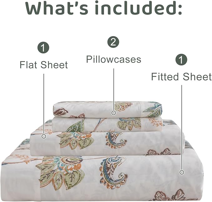 QSH Floral Bed Sheets Queen Size - 100% Egyptian Cotton Sheets Elegant Botanical Leaves Flower Pattern Printed Bedding Sheets Queen Size Bed Extra Soft and Breathable 4pcs Deep Pockets Bed Sheets