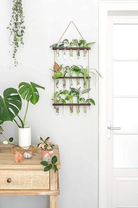 Mkono Plant Terrarium with Wooden Stand, Wall Hanging Glass Planter Desktop Propagation Bulb Vase Metal Swivel Holder Retro Rack for Hydropoincs Plants Home Office Decor（5 Bulb Vase）