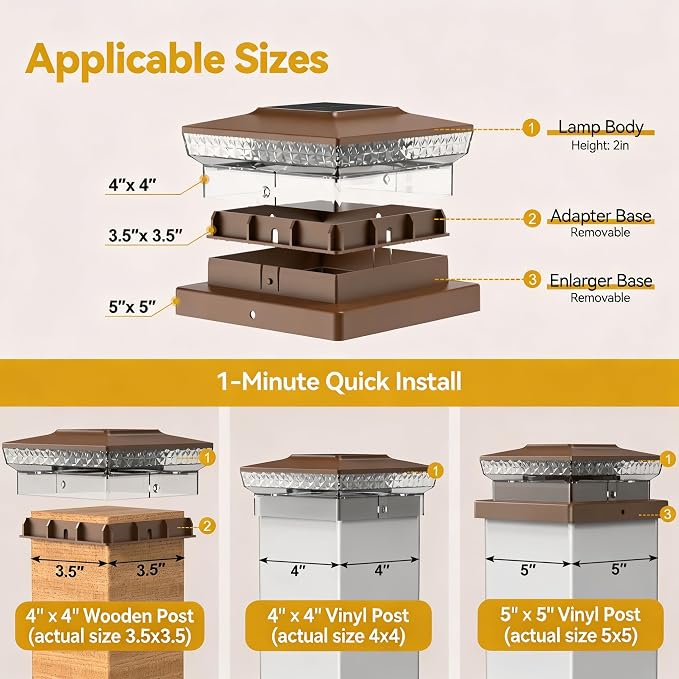Solar Post Cap Lights, 16-Pack Upgraded Outdoor Deck Fence Post Solar Lights for 4x4 5x5 Wood/Vinyl Posts, IP65 Waterproof, 10-12 Hours Warm/Cool White Glow for Garden/Patio/Porch - Brown