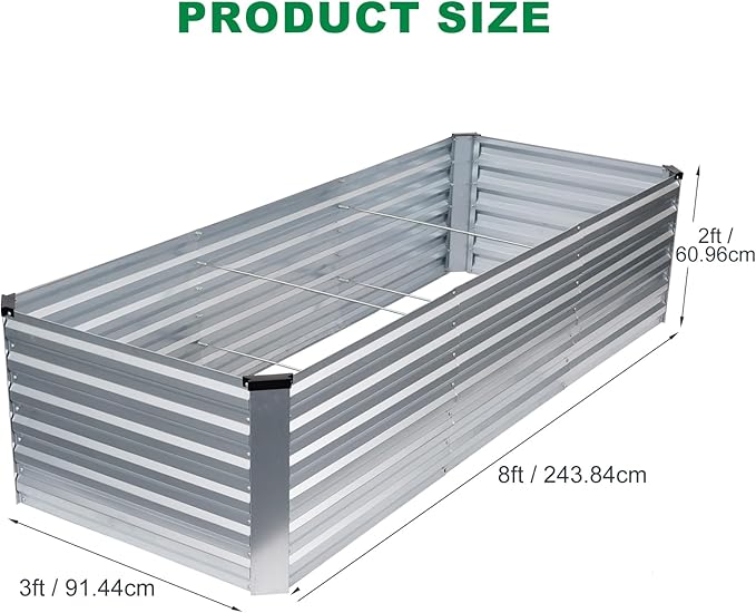 8x3x2FT Galvanized Raised Garden Bed, Outdoor Metal Raised Planter Box for Vegetables, Elevated Rust-Resistant Rectangle Gardening Container Kit with Reinforced Panels for Backyard, Patio(Silver)