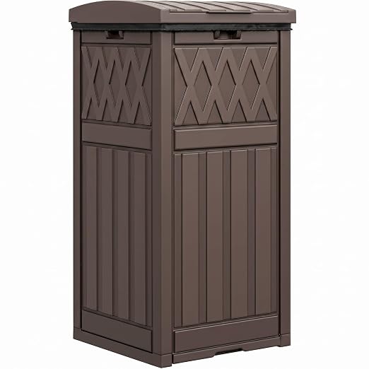 DWVO 38 Gallon Outdoor Trash Can, Resin Garbage Can with Tiered Lid and Drip Tray, Waterproof Trash Bin for Patio, Kitchen, Backyard (Brown)
