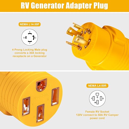 NEMA L14-30P to 14-50R RV Generator Adapter Plug, 4 Prong 30 Amp to 50 Amp Generator to RV/EV Adapter, for RV Trailer Camper Generator to House and EV Tesla Level 2 Charging
