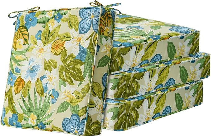 Unimatta Square Corner Seat Cushions, 19" x 19" x 3", Set of 4, Indoor Outdoor Water Repellent Universal Chair Pads with Ties for Patio Furniture, Garden Dining Chairs, Blue Flower