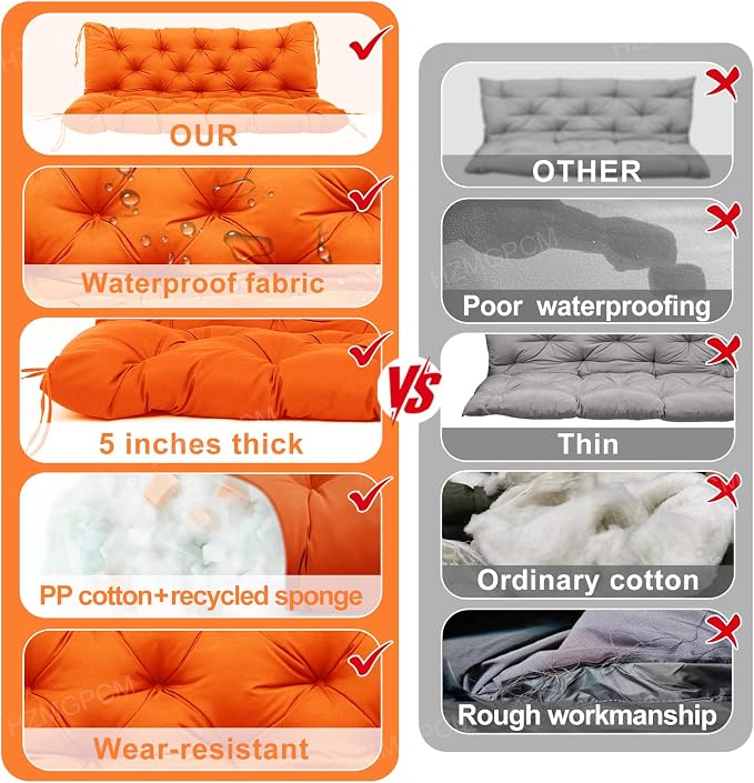 Premium 5" Thick Waterproof Outdoor Swing Cushions Sturdy Durable 2 Seat Replacement Porch Swing Cushions with Backrest&Ties Bench Cushion for Outdoor Furniture Backyard Patio (Orange)
