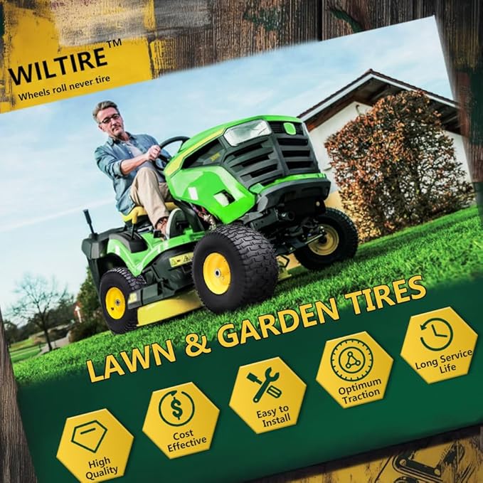 15x6.00-6 Tubeless Tire and Wheel Assembly(2 Pack) ，Replacement Riding Lawn Mower Front Tires,Compatible withRiding Mowers and Lawn Tractor, 3" Offset Hub and 3/4" Bushings（Yellow)