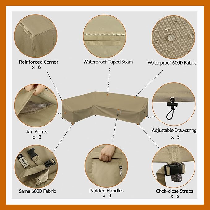 Heavy Duty Outdoor Sectional Sofa Cover, 90"X120" Waterproof 600D Patio Sectional Couch Cover, Lawn Patio Furniture Cover (Desert Khaki, L-Shaped-Left Facing-90 x120)