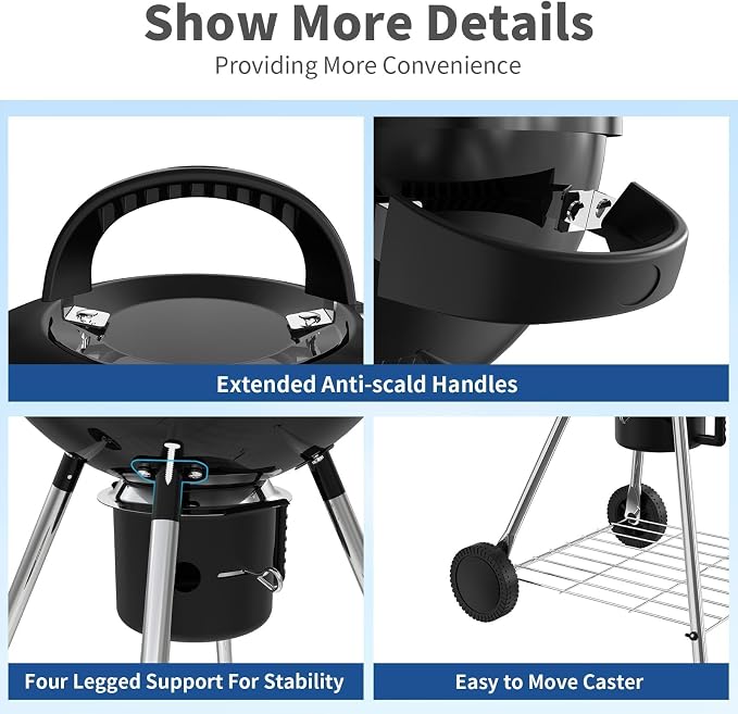 18.5-Inch Portable Charcoal Grill, Heavy Duty Kettle BBQ Smoker with Built-in Thermometer & Removable Water-Rinsable Ash Catcher for Outdoor Camping, Patio, Backyard, and Tailgating