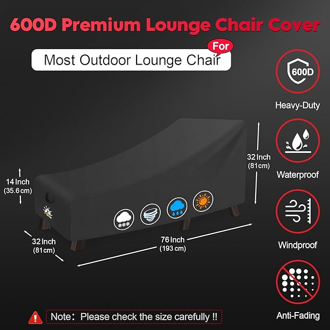 Zettum Outdoor Lounge Chair Cover - Waterproof Patio Chaise Lounge Chair Cover, 600D Heavy Duty Fade-Resistant Outdoor Seating Covers for Pool Lounge Chair, Lawn Bench Furniture 76 x 32 x 32 Inch