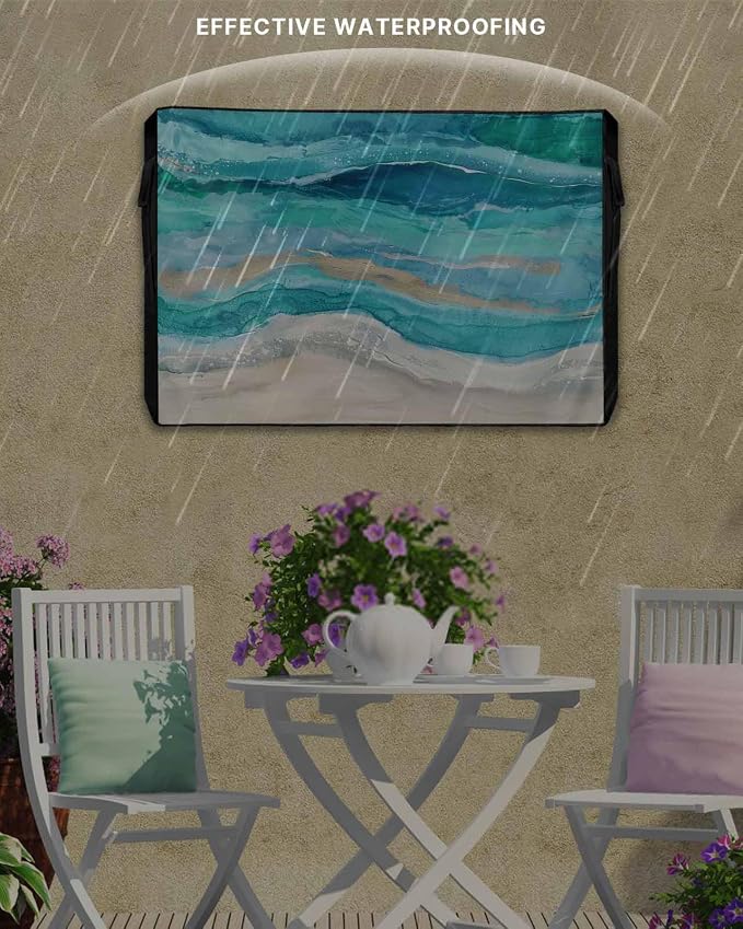 Outdoor TV Cover 52-55 Inch Weatherproof, Teal Coastal Outdoor TV Enclosure with Zipper & Roll Up Front Flap, Summer Beach Nautical Abstract Art Waterproof TV Covers for Outside Flat Screen TV