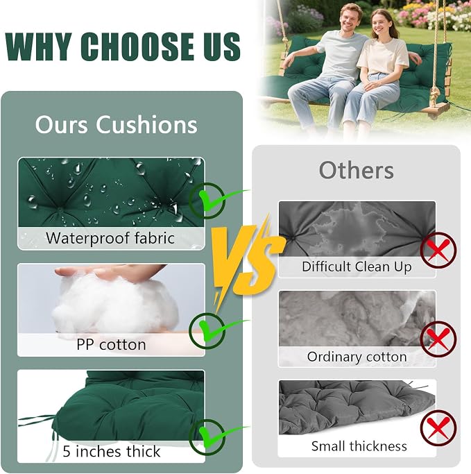 Porch Swing Cushions Outdoor, 5 Inch Thick Waterproof 2-3 Seater Replacement Swing Cushion with Backrest and Anti-Slip Ties, Perfect for Porch, Patio, Garden, Outdoor Bench Furniture, 40×40×5 Inch
