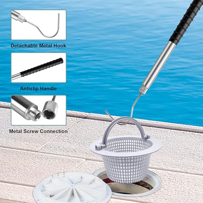 Pool Skimmer Basket Hook, 22 Inch Stainless Steel Pool Skimmer Handle, Skimmer Basket Handle, Pool Basket Lid Lifting Hook with Anti-Slip Handle for Inground Pools Skimmer Basket Debris Removal