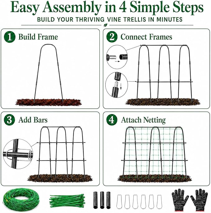 FOLLOOK Cucumber Trellis for Raised Garden Bed, Rustproof Metal Garden Arch Trellis for Climbing Plants Support Outdoor Fruit Grape Vine Vegetable Tomato Pole Bean Snap Pea Trellis, 48x48inch, Black
