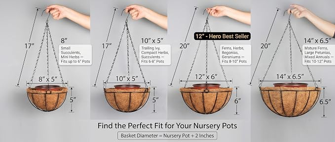 Kingbuy 12" Metal Hanging Basket for Herbs & Flowers – 6" Depth Rust-Resistant Wire with Coconut Liner & Adjustable Chains for Kitchen Window, Balcony & Garden - 1 Pack