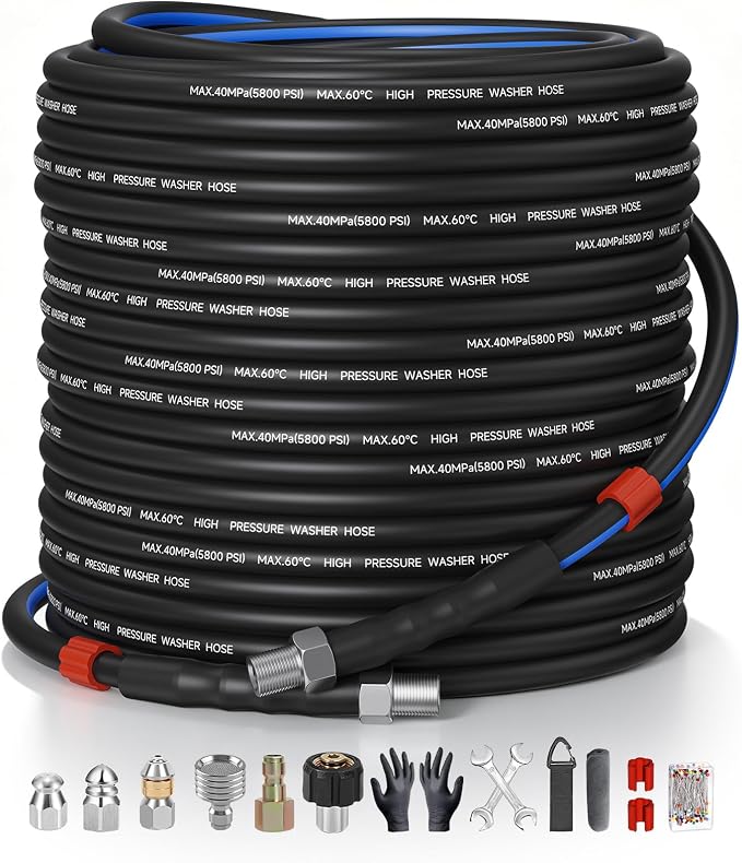 Sewer Jetter Kit for Pressure Washer 150ft – 5800PSI Drain Cleaning Hose 1/4 Inch NPT Corner with Watering Spray Nozzle, Rotating and Button Hose Sewer Jetting Nozzles & Easy-to-Store Strap