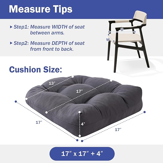 IPYNBAP Outdoor Chair Cushions Set of 2, Patio Chair Cushions with Ties, 17x17+4” Tufted Outdoor Seat Cushions, Waterproof Patio Furniture Cushions, Outdoor Dining Chair Pads, Dark Grey