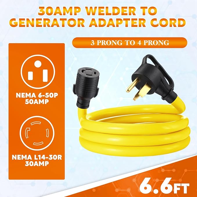 Tellegloww NEMA 6-50P to L14-30R 6.6 FT 30 Amp Welder Adapter Cord, 3 Prong 50amp Welding Outlet to 4 Prong 30amp Generator Locking Plug, Generator to Welder Adapter STW 10 AWG, ETL Listed