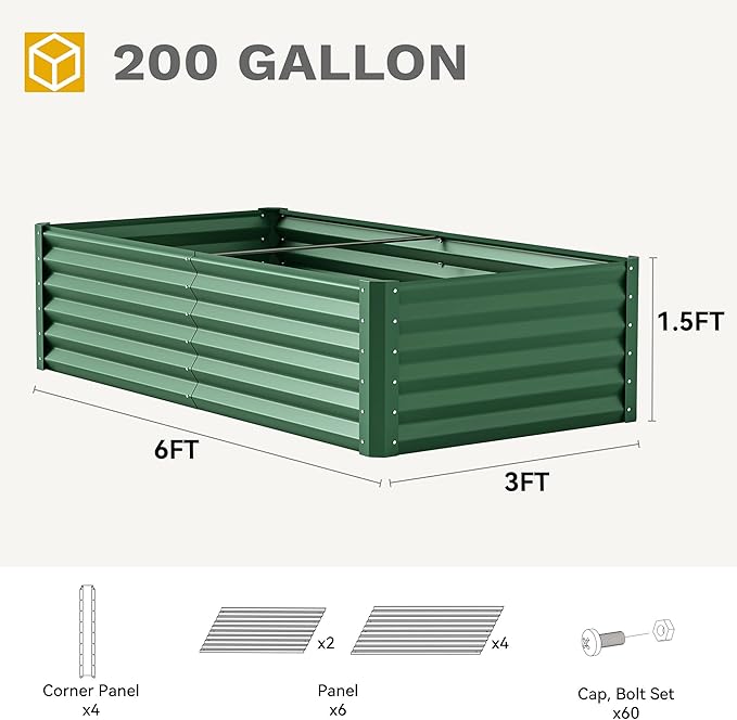 DWVO 6 x 3 x 1.5 FT Raised Garden Bed Kit, Outdoor Galvanized Flower Bed with Gloves, Large Metal Planter Box for Vegetables, Flowers, Herbs, Fruits, Green