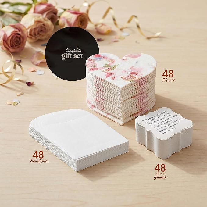 Set of 48 Pink Heart Seed Paper – Writable & Plantable Wildflower with Envelopes & Planting Guides, Mom's Gift for Mother’s Day, Use for Wedding, Baby Shower, Heart Party Favors & Easter Decorations