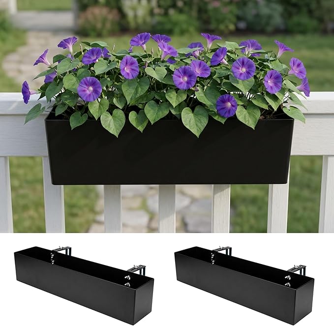 LaLaGreen Railing Planter Box (16 Inch, 2 Pack) Black Metal Rectangular Hanging Flower Boxes with Brackets, Planters for Outdoor Deck Railings Fence Over Rail Balcony Patio Porch Modern Garden Decor