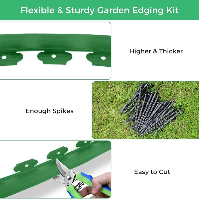 3-Inch x 100 FT Landscape Edging Border Kit with 150 Stakes, Plastic Garden Edging Border, Flexible No Dig Lawn Edging Border for Garden Flower Beds Yard Pathway Paver (Green)