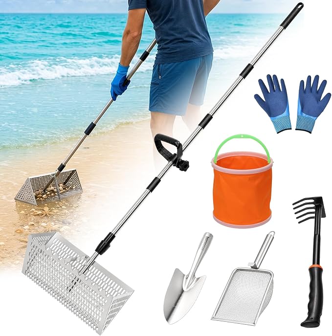 Sand Flea Rake Set with Handle, Shark Tooth Sifter & Mesh Scoop, Stainless Steel Beach Sand Sifter Kit with 5-Tooth Rake, Glvers & Foldable Bucket for Collecting Sand Fleas, Shells & Cleaning Coops