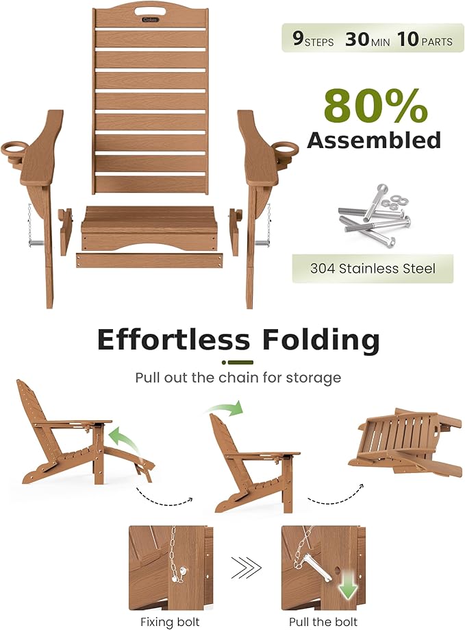 Ciokea Folding Adirondack Chair Set of 6 with Retractable Ottoman Fire Pit Patio Chair with Pull Out Foot Rest Weather Resistant Lawn Outdoor Chair with 2 Cup Holder (Teak)