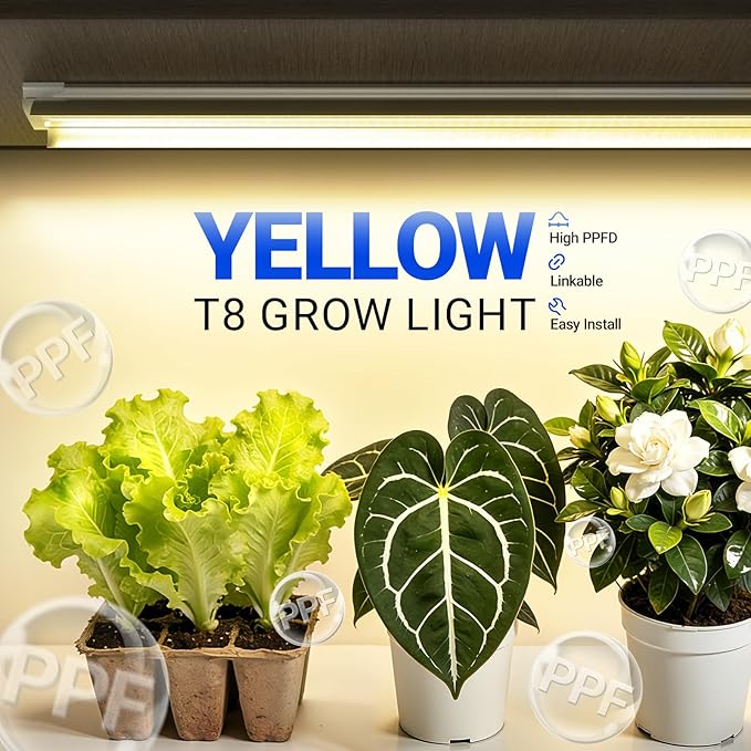 Barrina 3FT T8 Grow Light, 180W(6 x 30W), 1000W Equivalent, Full Spectrum, Plant Light, Growing Lamp Fixture, LED Grow Light Strips, for Indoor Plant, Greenhouse, Linkable Design, Yellow, 6-Pack
