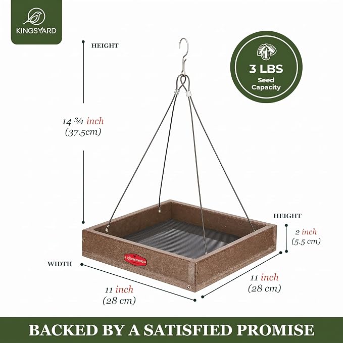 Kingsyard Platform Bird Feeder for Outdoors, Hanging Feeding Tray | Recycled Poly Lumber, Weatherproof, 11x11 Tray, Holds up to 3 lbs Seeds or Mealworms, Easy Clean & Refill, Brown
