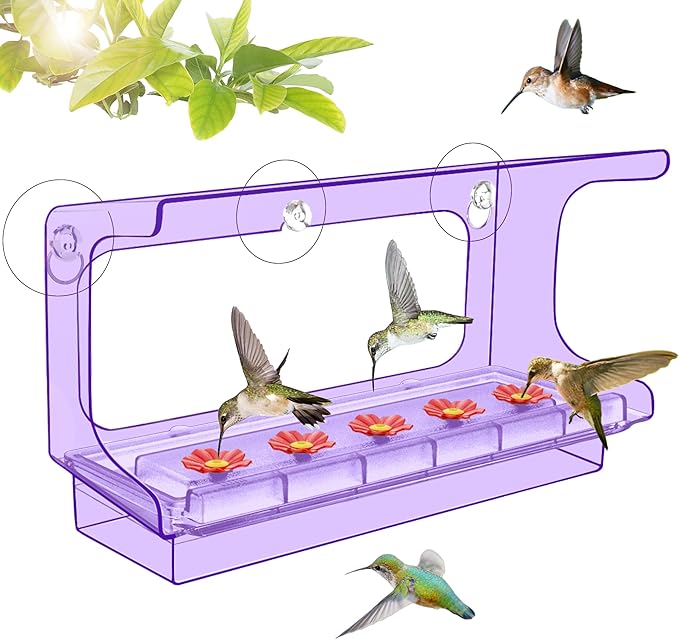 LUJII All One Piece Window Hummingbird Feeder with 5 Strongest Suction Cups, 20 fl.oz Hummer Feeder for Outside, Removable Lift-up Nectar Tray with 5 Feeding Ports, Gift for Bird Watcher (Purple)