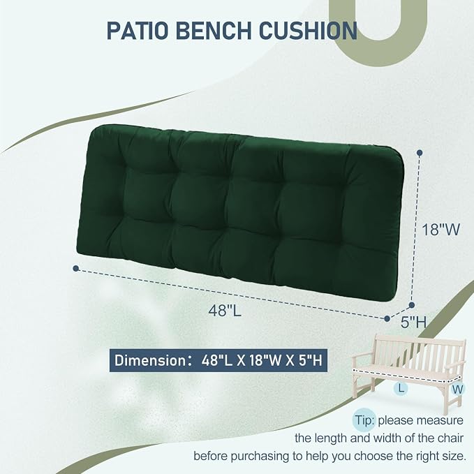 downluxe Outdoor Bench Cushion for Patio Furniture, Water Resistant Tufted Overstuffed Porch Swing Cushions, Thick Outdoor Loveseat Cushions, 48" X 18" X 5", Forest Green, Set of 1
